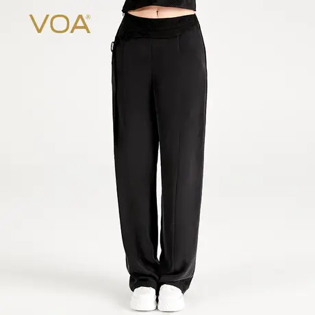 VOA30姆米重磅桑蚕丝黑色自然腰不对称风琴褶百搭休闲真丝直筒裤图片
