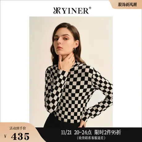 YINER音儿线上专选女装秋季法式时尚条纹肌理上衣棋盘格子针织衫商品大图