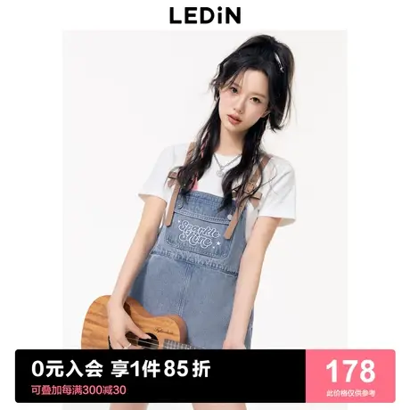 乐町甜美工装风牛仔中短裤女2023年夏季牛仔蓝蝴蝶结背带短裤商品大图