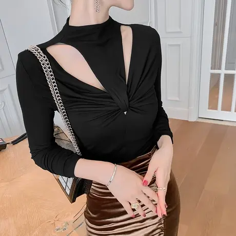 设计感镂空打底衫小心机性感挂脖圆领长袖t恤女内搭小众修身显瘦商品大图