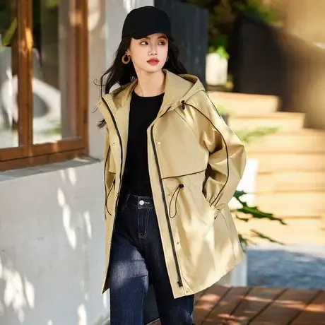 时尚气质风衣2023年秋季新款女装百搭通勤休闲连帽收腰中长款外套图片