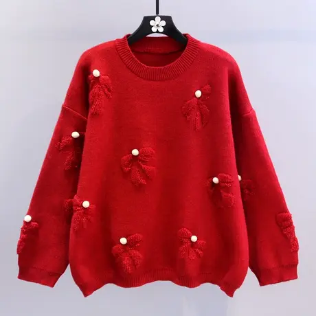 蝴蝶结红色毛衣女秋冬2023新款韩版宽松慵懒风软糯洋气针织衫上衣图片