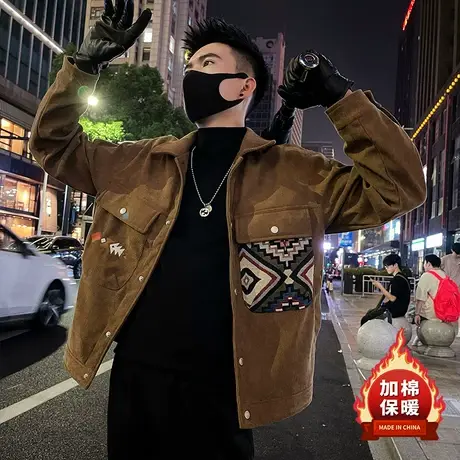 冬款灯芯绒夹棉外套男ins印花口袋拼接设计感翻领加厚民族风夹克商品大图