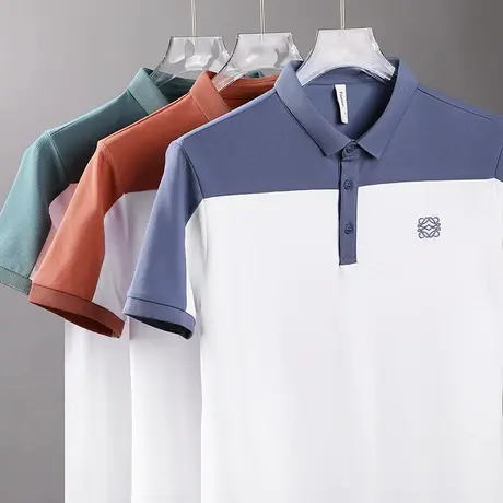 夏季短袖polo衫男商务拼接刺绣休闲半袖男士大码珠地网眼翻领t恤商品大图