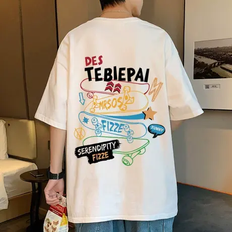 潮流宽松纯棉短袖T恤男夏季美式街头嘻哈2025新款港风半袖体恤衫t商品大图