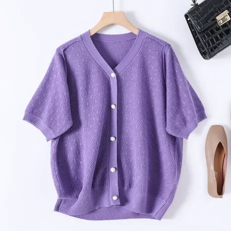 2023春季新款韩版宽松V领针织衫五分袖空调衫开衫毛衣外套上衣女商品大图