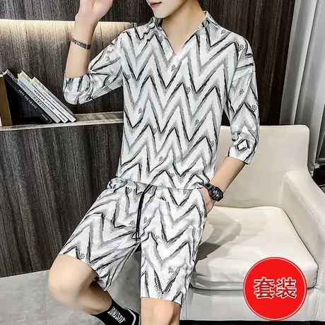 夏季带领宽松t恤男薄款冰丝衣服裤子两件套潮流帅气夏装五分短裤商品大图