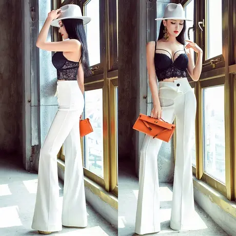 VJE微喇裤子女夏季新款高腰女裤长裤修身显瘦白色薄款喇叭裤图片