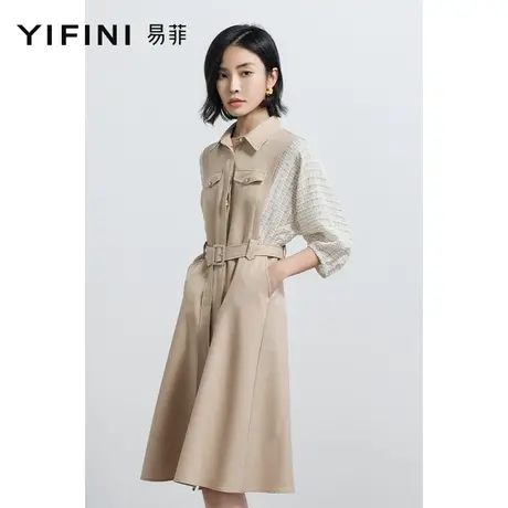 Yifini/易菲时尚撞布收腰连衣裙设计感翻领中长裙女春夏新款图片