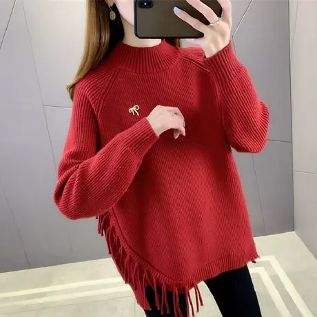 半高领毛衣女中长款秋冬2023新款加厚流苏针织打底衫洋气宽松毛衣商品大图