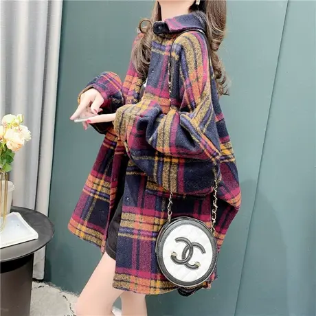 毛绒格子衬衫女2021年春秋新款中长款加厚长袖百搭毛呢衬衣外套潮商品大图