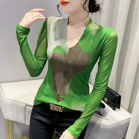 性感V领网纱T恤女长袖洋气撞色扎染印花上衣内搭紧身打底衫春秋潮图片