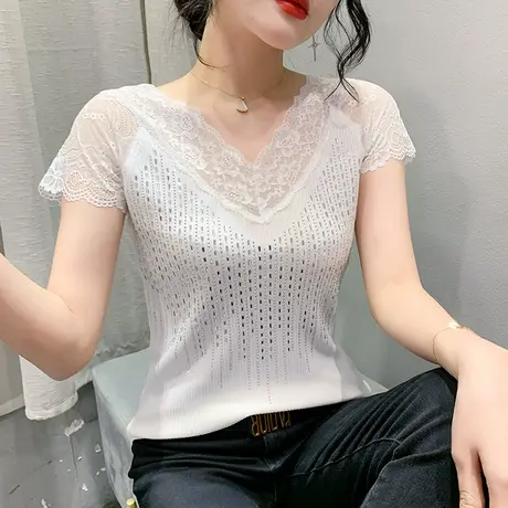 蕾丝拼接气质女装性感V领烫钻T恤时尚洋气修身小衫设计感小众上衣商品大图