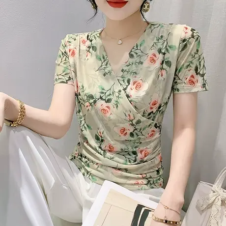 时尚印花网纱短袖T恤女2024夏装新款性感交叉V领上衣气质显瘦小衫商品大图