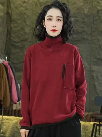 拼色德绒假两件t恤女半高领宽松显瘦秋冬文艺休闲百搭打底衫卫衣商品大图