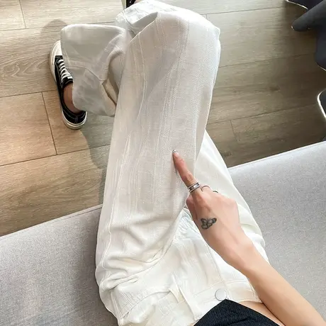 白色窄版高腰阔腿牛仔裤女2023年春秋新款直筒宽松显瘦拖地长裤子图片