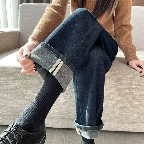 加绒老爹牛仔裤女2023年秋冬新款高腰直筒宽松显瘦复古卷边哈伦裤商品大图