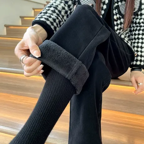 高腰直筒牛仔裤女秋冬2024年新款显瘦加绒小个子九分黑色烟管裤子商品大图