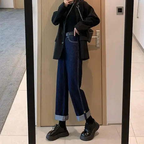 深蓝色直筒牛仔裤女2023年新款春秋高腰显瘦宽松小个子九分阔腿裤图片