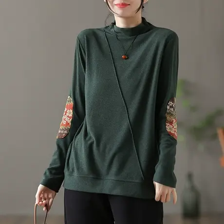 dza半高领贴布宽松t恤女秋冬新款内搭长袖上衣短款休闲薄绒打底衫商品大图