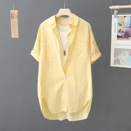 黄色纯棉衬衫女短袖中长款前短后长休闲衬衣糖果色寸衫显瘦上衣女商品大图