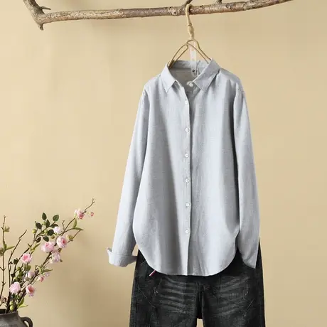 春秋季简约文艺百搭纯棉柔软打底尖领磨毛白衬衫女长袖上衣女宽松图片