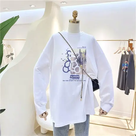 白色打底衫女洋气内搭春秋装2022年新款纯棉宽松百搭中长款t恤女商品大图