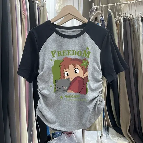 不撞款t恤女正肩修身插肩袖短袖夏潮牌ins短款辣妹装复古抽绳上衣商品大图