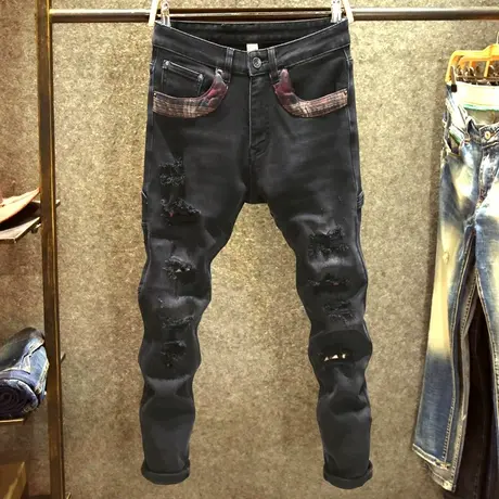 破洞刮烂弹力牛仔裤男士黑色高街修身小脚裤潮牌痞帅炸街男裤子厚商品大图