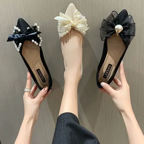 女鞋2024年春季新款时尚气质珍珠蝴蝶结瓢鞋百搭软底一脚蹬单鞋子商品大图