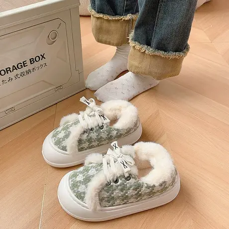 加绒保暖棉鞋女冬季外穿包头半拖鞋2023新款厚底松糕百搭面包鞋子商品大图