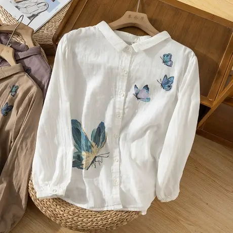 享永子【留连戏蝶时时舞】100%全棉印花衬衫女宽松休闲舒适上衣商品大图