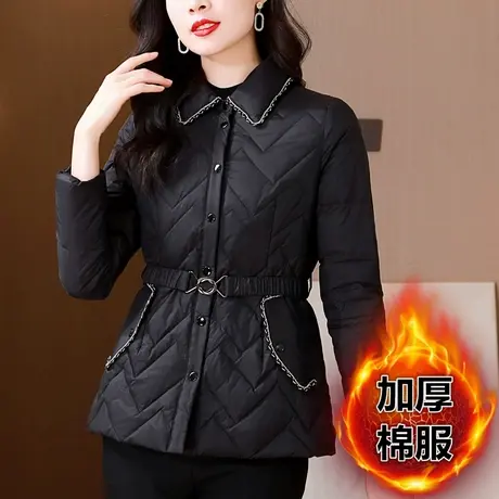 时尚黑色羽绒棉服女冬季2023新款洋气妈妈加厚保暖收腰短款外套女图片