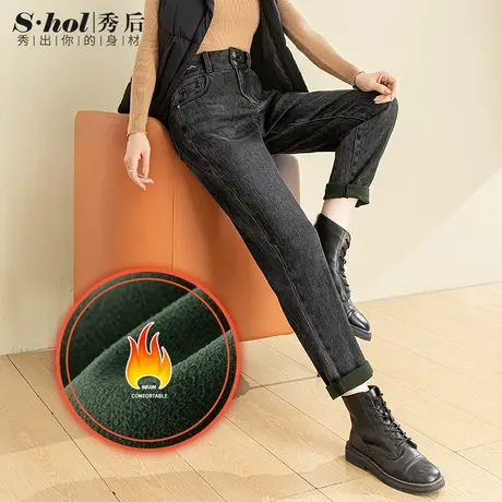 黑灰色加绒加厚牛仔裤女小个子冬季新款高腰弹力九分哈伦裤老爹裤商品大图