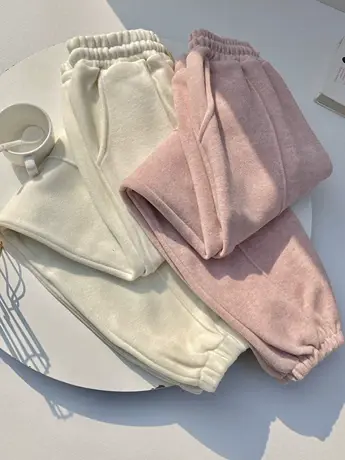 冬季加厚薄绒卫裤女高腰绑带粉色毛巾绒宽松时尚百搭束脚休闲裤潮商品大图