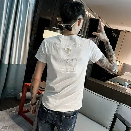 夏季男士t恤短袖修身半袖刺绣潮流圆领椰子树刺绣快手ins网红体恤商品大图