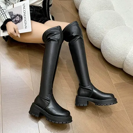 过膝长筒靴子女2023新款秋冬季皮鞋厚底高跟鞋高筒靴长靴显瘦瘦靴商品大图
