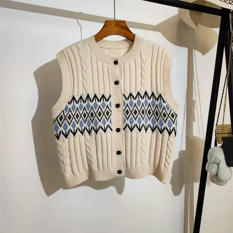 针织马甲开衫女秋冬新款宽松圆领复古菱形格麻花毛衣背心坎肩外穿商品大图