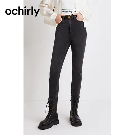 【呼呼严选专享】-欧时力 高腰牛仔长裤新款秋装绣章窄脚裤子修身图片