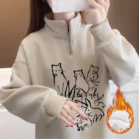 Polo领日系复古加绒卫衣女冬季加厚外套ins潮大码小众设计感上衣商品大图