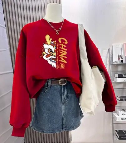 hiphop潮牌国风套头卫衣女冬季加绒外套ins潮大码加厚高级感上衣商品大图