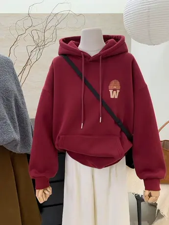 新年大红加绒加厚卫衣女冬季宽松大版慵懒风保暖连帽衫上衣外套潮商品大图