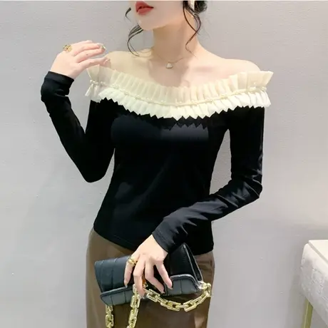 设计感一字领长袖性感露肩拼接钉珠气质上衣女修身百塔T恤打底衫商品大图