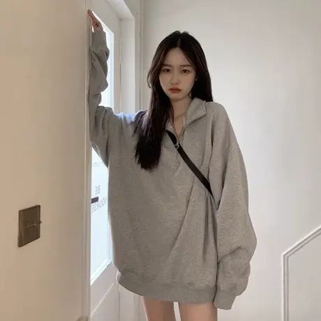 下衣失踪宽松大码卫衣女春秋薄款百搭POLO领半拉链上衣外套潮ins商品大图