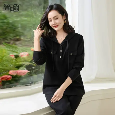 简涵黑色连帽卫衣2024年春季新款宽松休闲时尚洋气显瘦减龄上衣商品大图