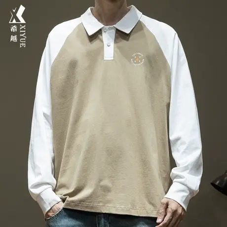 设计感拼接撞色POLO衫男2024春款宽松大码潮牌青少年插肩袖上衣服商品大图