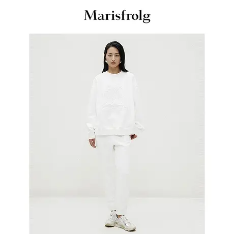 【精简美学】玛丝菲尔春白色休闲宽松圆领美式纯棉卫衣女图片