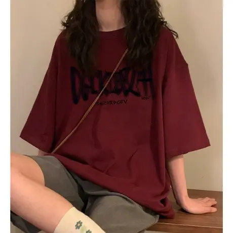 酒红色纯棉短袖t恤女美式复古夏季2023新款宽松半袖上衣oversize商品大图
