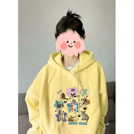 oversize美式连帽黄色卫衣女春秋薄款设计感宽松慵懒chic上衣外套商品大图