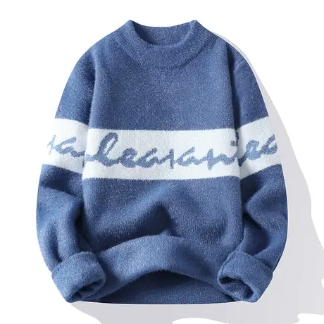 冬季水貂绒加绒加厚毛衣男撞色高初中学生青少年针织衫大童打底衫商品大图